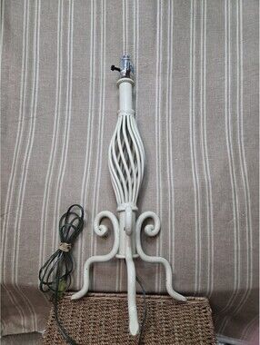Vintage Wrought Iron Lamp Painted Cream with Cage Swirl Design 29"